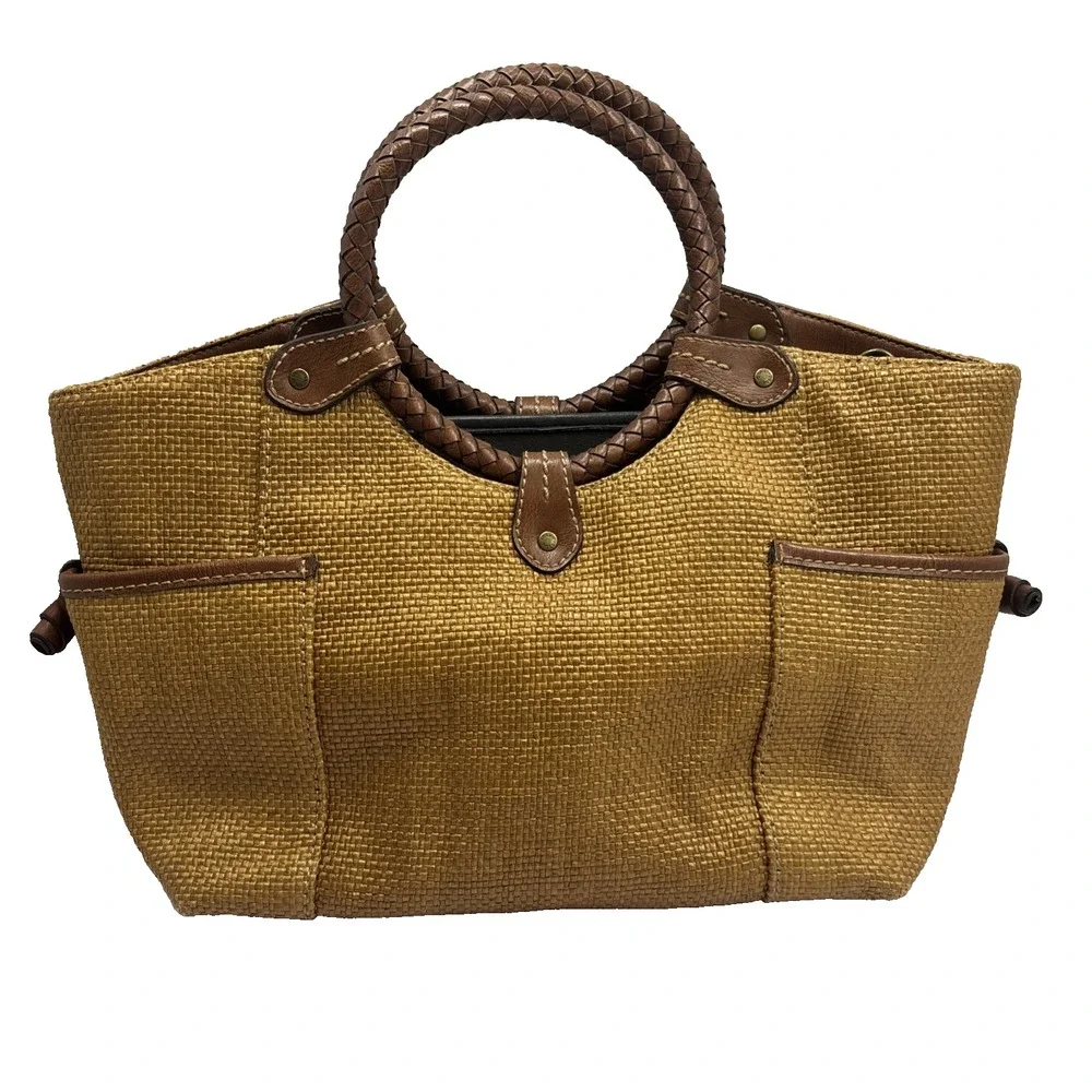 Fossil Handbag Tote Satchel Top Handle Purse‎ Brown Leather Woven Mesh Beach